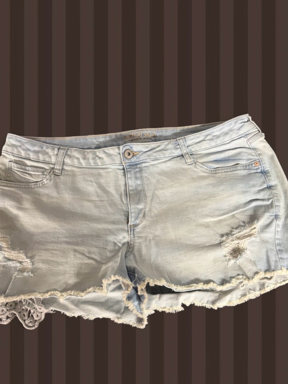 Arizona Jean Company Light Blue Distressed Denim Shorts with Lace Trim